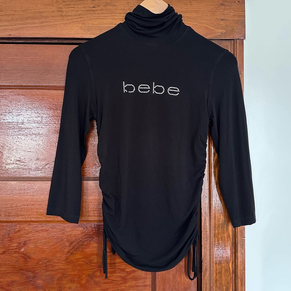Y2K Bebe Rhinestone Logo Mock Neck Top Size Medium Black Ruched Bedazzled Bling